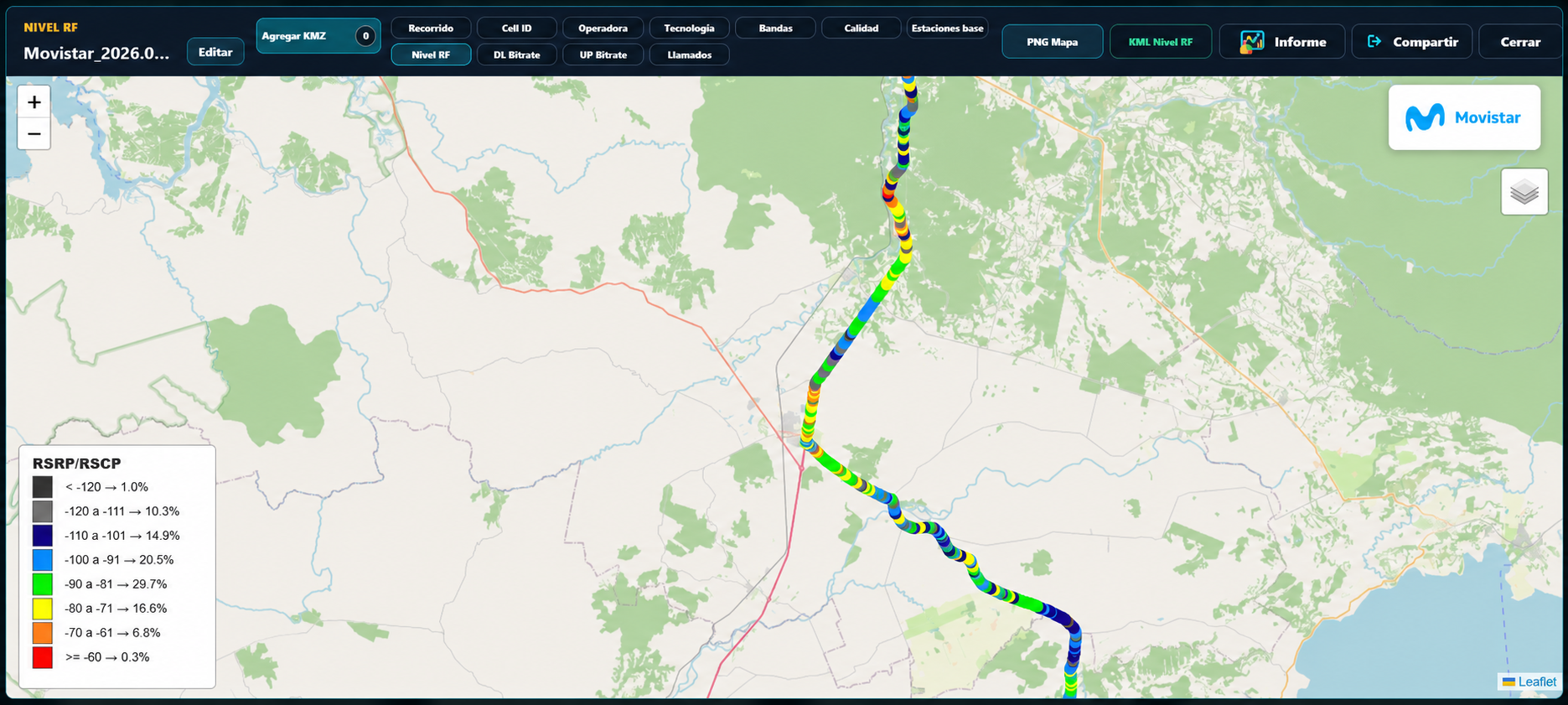 Mapa técnico de cobertura móvil 4G y 5G generado por Signal-Tracking